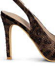 Vista trasera del tacón medio 10 cm delgado con pedrería brillante de la zapatilla café estampada animal print tipo stiletto para dama
