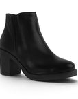 Vista diagonal de botín negro con elástico lateral y tacón medio 8 cm para dama