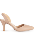 Vista lateral de zapatilla nude destalonada con punta fina para dama y tacón medio 8cm
