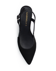 Vista superior de zapatilla negra con punta fina destalonada y tacón medio de 8cm para mujer