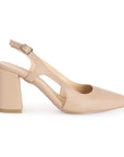 Vista lateral de zapatilla maquillaje destalonada para mujer con tacón de 8cm y punta fina ajustable