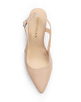 Vista superior de zapatilla maquillaje con punta fina destalonada y tacón medio de 8cm para mujer