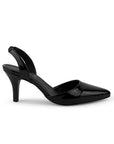 vista lateral de zapatillas negras de charol destalonadas con punta fina para dama y tacón medio 8cm