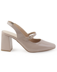 vista lateral de zapatillas maquillaje de charol con correa ajustable y tacón medio 8cm para dama