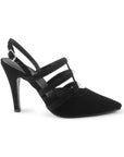 vista lateral de zapatillas negras para dama con ajuste al tobillo, tacón medio 10 cm y tiras en el empeine