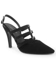 vista diagonal en las zapatillas negras con tiras en el empeine ajuste al tobillo y tacón medio 10 cm