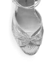 Vista de material sintético en zapatilla plata para mujer con tacón alto de 11cm y pulsera ajustable al tobillo
