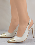 Zapatillas beige oro stiletto destalonadas de charol con correa ajustable y tacón alto 11cm para dama