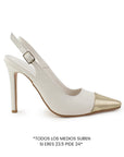 vista lateral de zapatillas beige oro stiletto para dama con talón descubierto y tacón alto 11cm