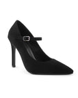Vista diagonal de zapatilla negra para mujer tipo stiletto con pulsera ajustable