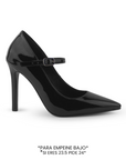 Vista lateral de zapatilla negra para mujer con pulsera y tipo stiletto de tacón 10cm