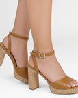 Zapatillas cafés de plataforma para mujer con pulsera al tobillo y tacón de bloque alto 11cm