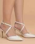 Zapatillas beige para mujer tipo stiletto con punta fina cerrada, tacón delgado de 10cm y correas cruzadas