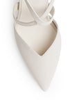 Vista de material sintético en zapatilla tipo stiletto para mujer con punta cerrada, correas cruzadas ajustables y tacón delgado de 10cm en color beige