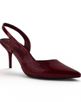 Vista diagonal de zapatilla vino tipo stiletto para dama destalonada con tacón medio 8cm