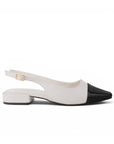 vista lateral de zapatillas beige con negro para dama con tacón bajo 3cm