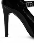 Vista trasera de tacón delgado de 10cm en zapatilla para mujer negra