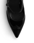 Vista de material charol en zapatilla stiletto color negra para mujer