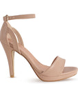 vista lateral de zapatillas maquillaje de dama con plataforma pulsera ajustable al tobillo y tacón medio 8cm