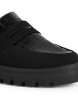 Vista de punta redonda y tira frontal tipo antifaz en mocasín negro para mujer con tacón ancho bajo de 4cm