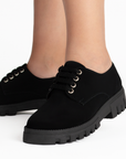Mocasines negros para mujer con agujetas, punta redonda y tacón ancho bajo de 4cm
