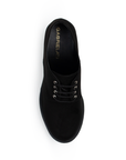 Vista superior del mocasín negro para dama con cordones frontales punta redonda y tacón grueso tamaño medio 7cm
