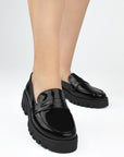 Mocasines negros tipo chunky con antifaz decorativo de tacón bajo 4cm para dama