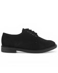 Vista lateral de mocasín negro para mujer con agujetas y tacón bajo de 3cm de punta fina
