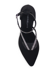 Vista superior de zapatilla negra para mujer con punta cerrada y pedrería brillante en tiras y pulsera