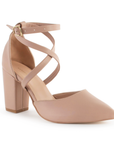 Vista diagonal de zapatilla maquillaje para mujer con tiras cruzadas y hebilla ajustable, tacón de 8cm