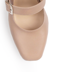 Vista de material cabra sintético en zapatilla maquillaje para mujer con punta cerrada y hebilla ajustable