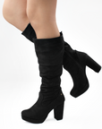 Botas negras de estilo drapeado con punta redonda, cierre funcional y tacón grueso tamaño medio 9cm