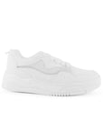 Vista lateral de tenis blanco para mujer con agujetas planas y plataforma baja de 4cm