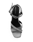 vista superior de zapatillas plata para dama con tiras cruzadas al frente y correa ajustable con tacón alto 11cm para dama