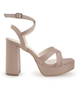 vista lateral de zapatillas maquillaje para dama con plataforma tiras cruzadas y correa ajustable con tacón alto 11cm