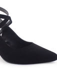 Vista de material buck en zapatilla para mujer con punta fina y tacón de 7cm