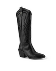 Vista diagonal de bota negra bordada de meter para mujer de tacón ancho de 7cm con punta fina abajo de la rodilla