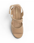 vista superior de sandalias nude punta abierta y correa ajustable con plataforma baja 6cm