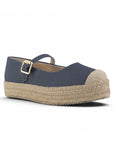 vista diagonal de alpargatas negras con pulsera ajustable y plataforma baja de yute 3 cm para dama