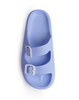 Vista superior de la sandalia morada confort para dama con punta abierta doble tira ajustable y plataforma baja 3cm