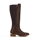 Vista superior de la bota café para dama con stretch cremallera y tacón bajo 4cm