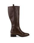 vista superior de bota café clásica con detalles metálicos y cremallera tacón bajo 4 cm para dama