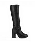 Vista lateral de bota negra alta con cremallera y plataforma tacón medio 9 cm para dama