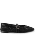 Vista lateral de flats tipo balerinas negras para mujer con hebilla moderna en correa ajustable y bordado floral de piso