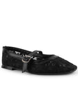 Vista diagonal de balerina negra con bordado floral para mujer de pulsera ajustable de piso