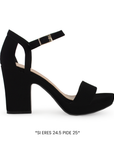 Vista lateral de zapatilla negra para mujer de diseño descubierto con pulsera ajustable y tacón ancho de 9cm