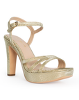 Vista diagonal de zapatilla oro para mujer con tacón alto 11cm y tiras cruzadas
