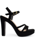 Vista lateral de zapatilla negra para mujer con tiras cruzadas y tacón alto de 11cm