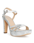 Vista diagonal de zapatilla plata para mujer con tacón alto 11cm y tiras cruzadas