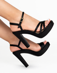 Zapatillas negras para mujer con tiras cruzadas y diseño descubierto, tacón alto de 11cm